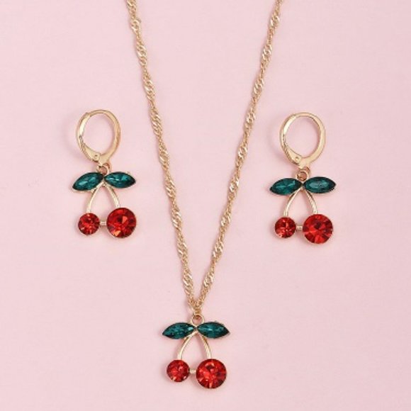 Gold Colored Red Cherries Earrings & Necklace Set - Picture 2 of 3